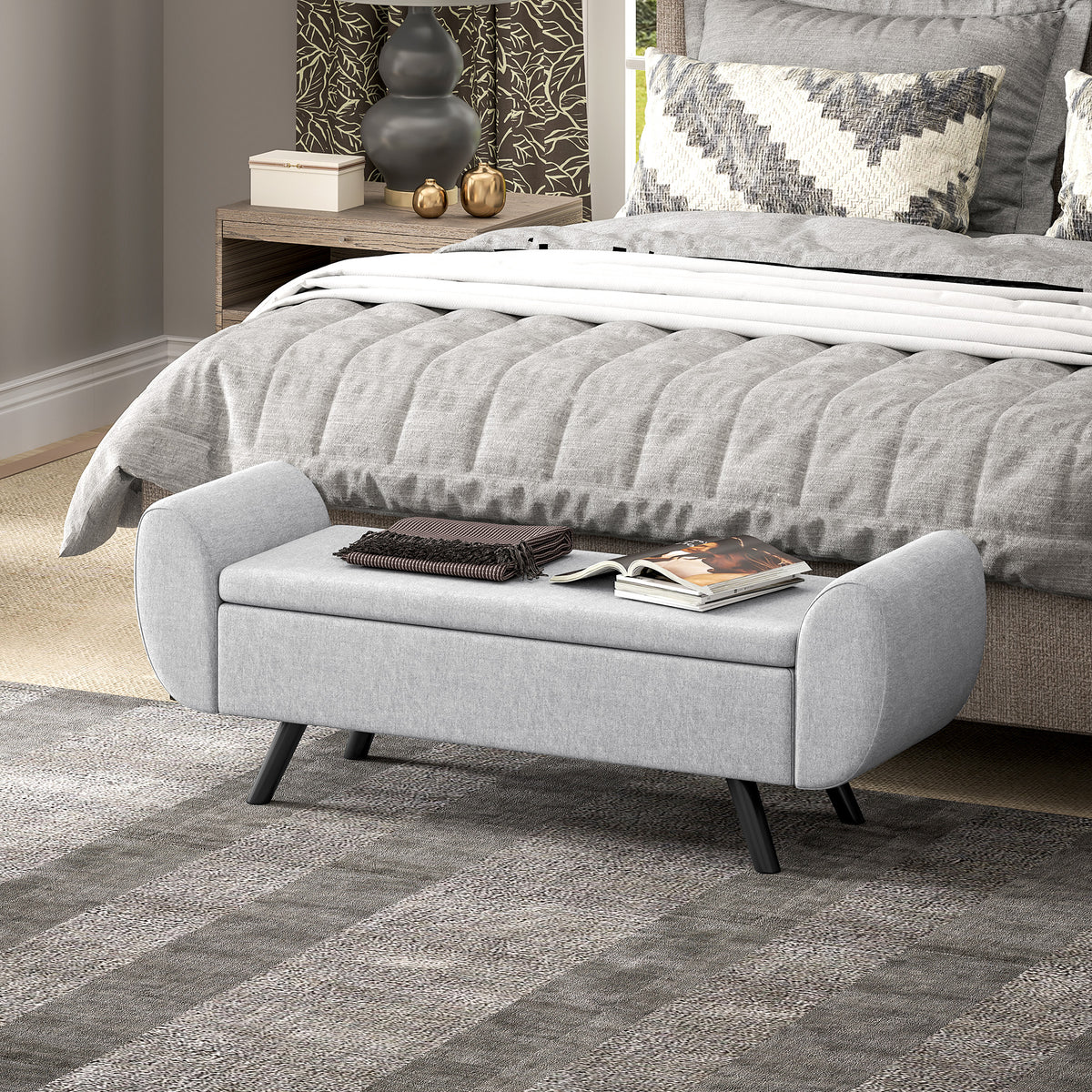 HOMCOM Storage Ottoman with Armrest, Window Seat, Upholstered Linen Storage Bench with Rubberwood Legs, Footstool for Bedroom Living Room, Hallway, Light Grey
