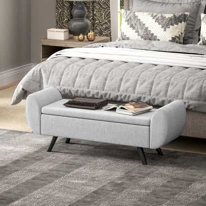 HOMCOM Storage Ottoman with Armrest, Window Seat, Upholstered Linen Storage Bench with Rubberwood Legs, Footstool for Bedroom Living Room, Hallway, Light Grey