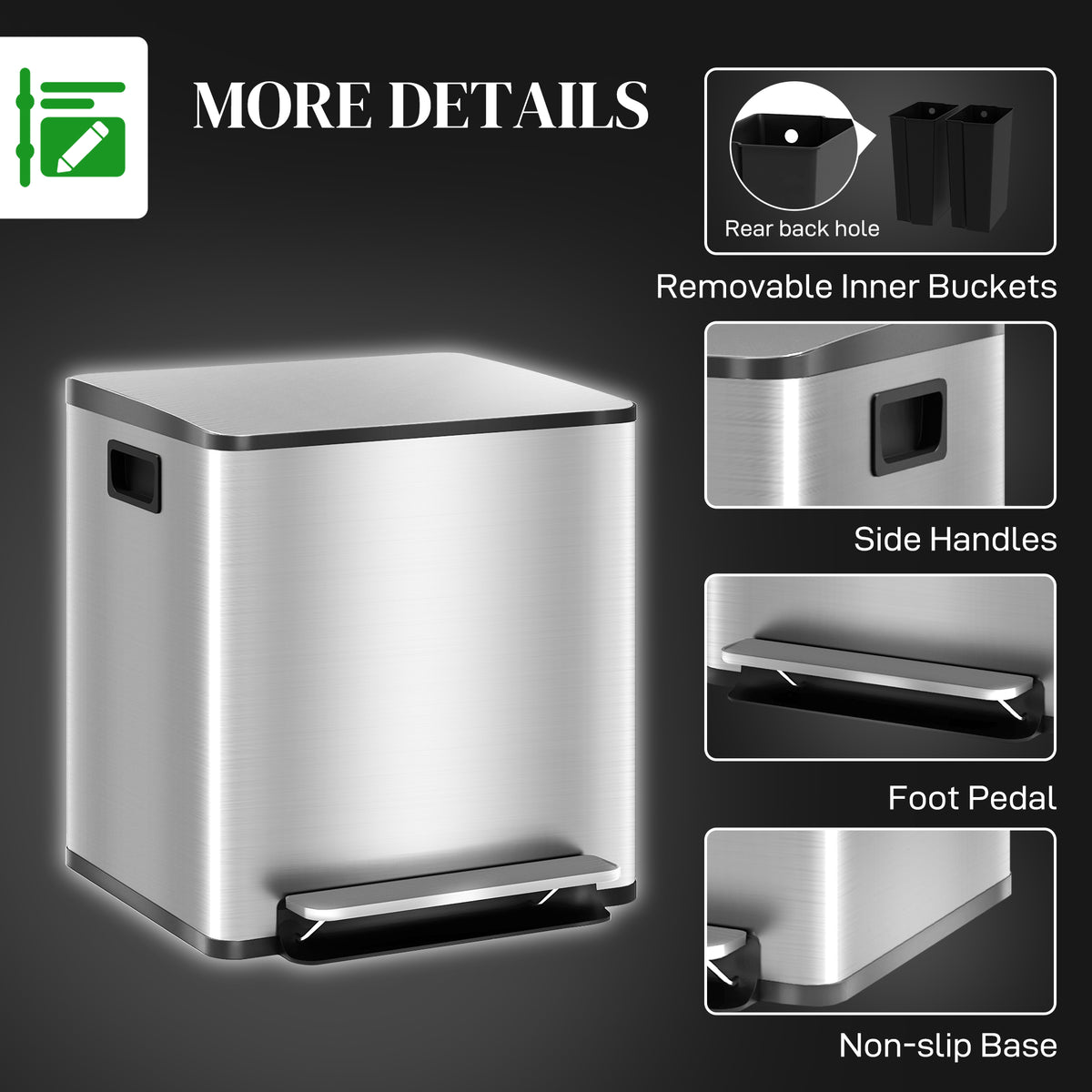 HOMCOM 30L Dual Compartment Stainless Steel Bin, with Deodoriser Holders - Silver Tone