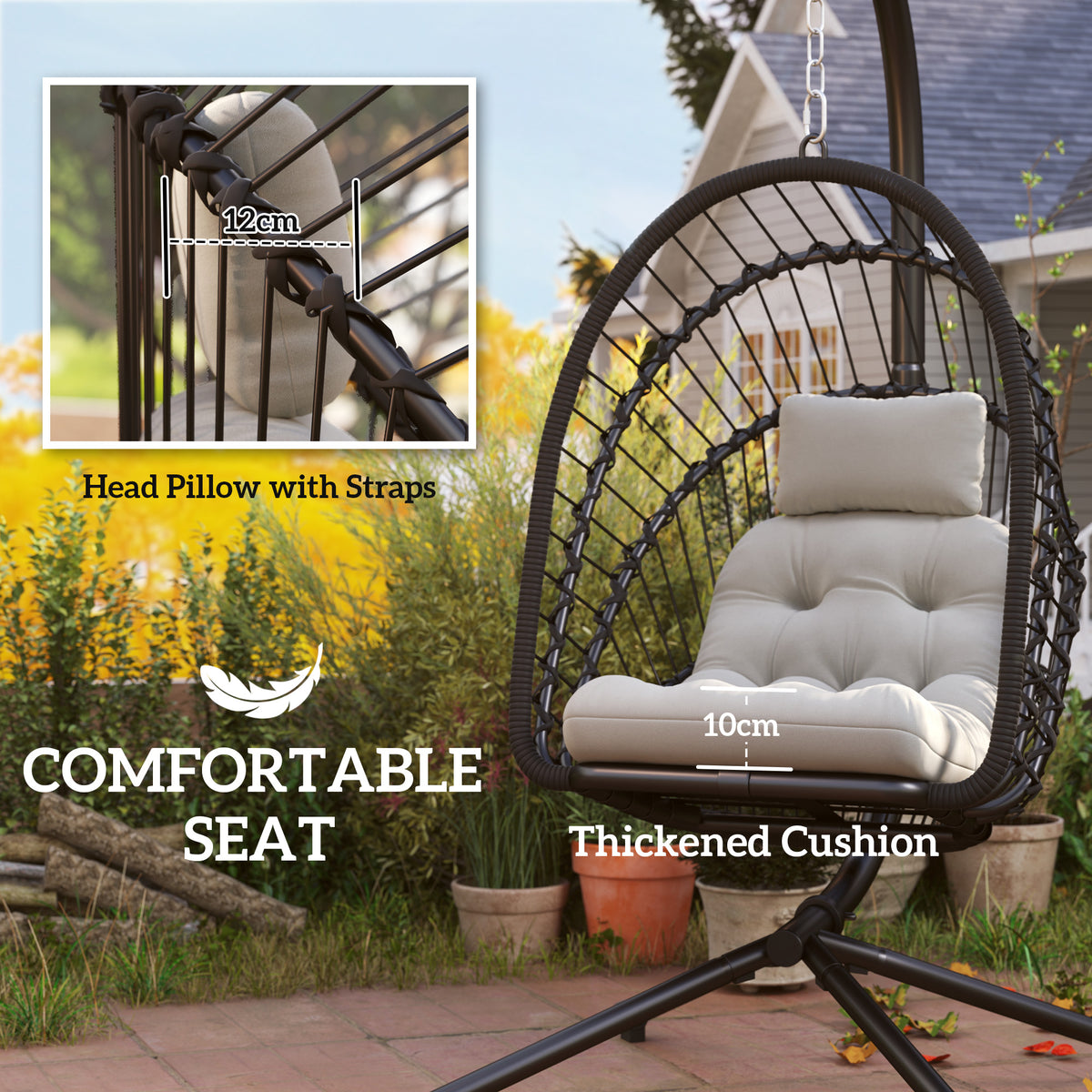 Outsunny Outdoor PE Rattan Swing Chair with Foldable Basket and Cushion, Garden Patio Hanging Egg Chair with Metal Stand, Headrest for Indoor and Outdoor, Black