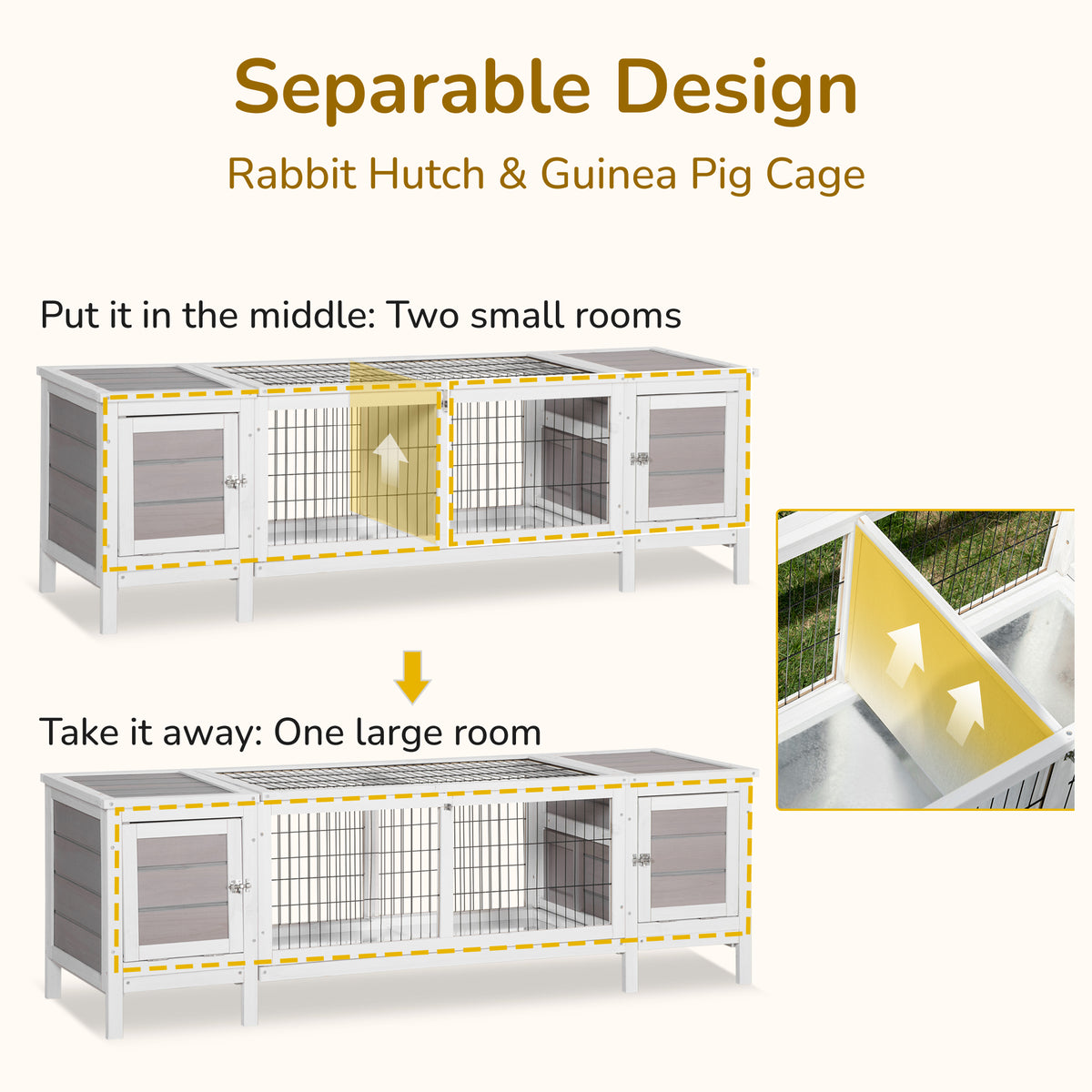 PawHut Rabbit Hutch and Run, with Removable Tray - Grey