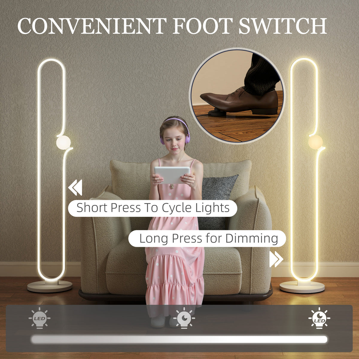 HOMCOM LED Floor Lamp, Dimmable Floor Standing Lamp with Glass Night Light, Foot Switch for Living Room, Bedroom, Office, White