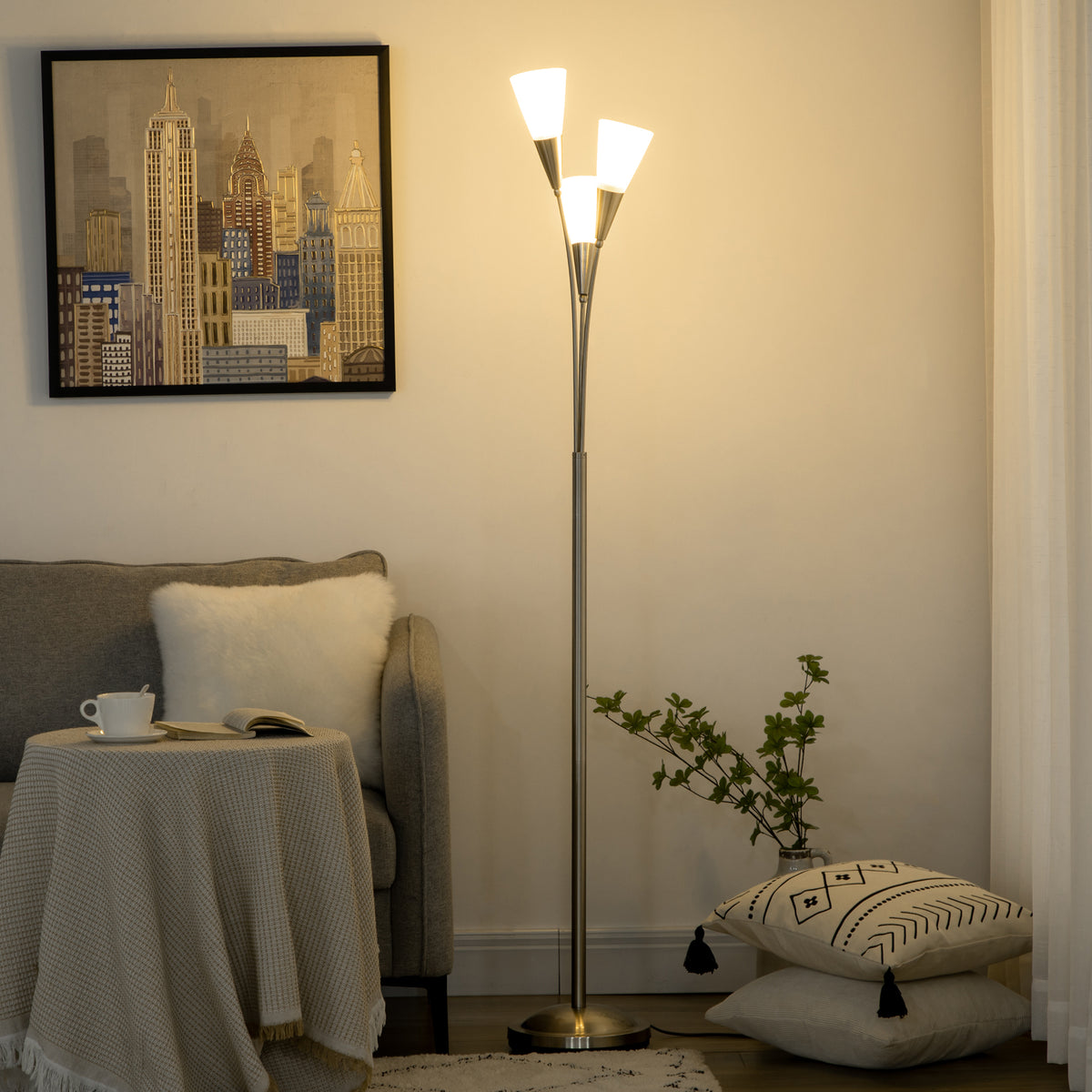 HOMCOM Modern Standing Lamp, 3-Light Upright Floor Lamps for Living Room, Silver Tone
