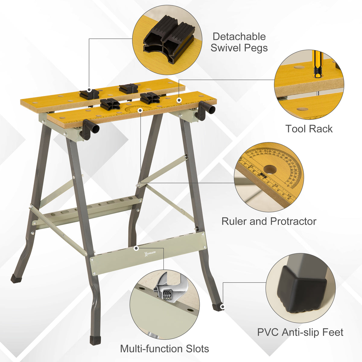 DURHAND 4-in-1 Work Bench, Folding Clamp Table w/ 4 Adjustable Clamping Pegs for DIY Home Garage, Grey