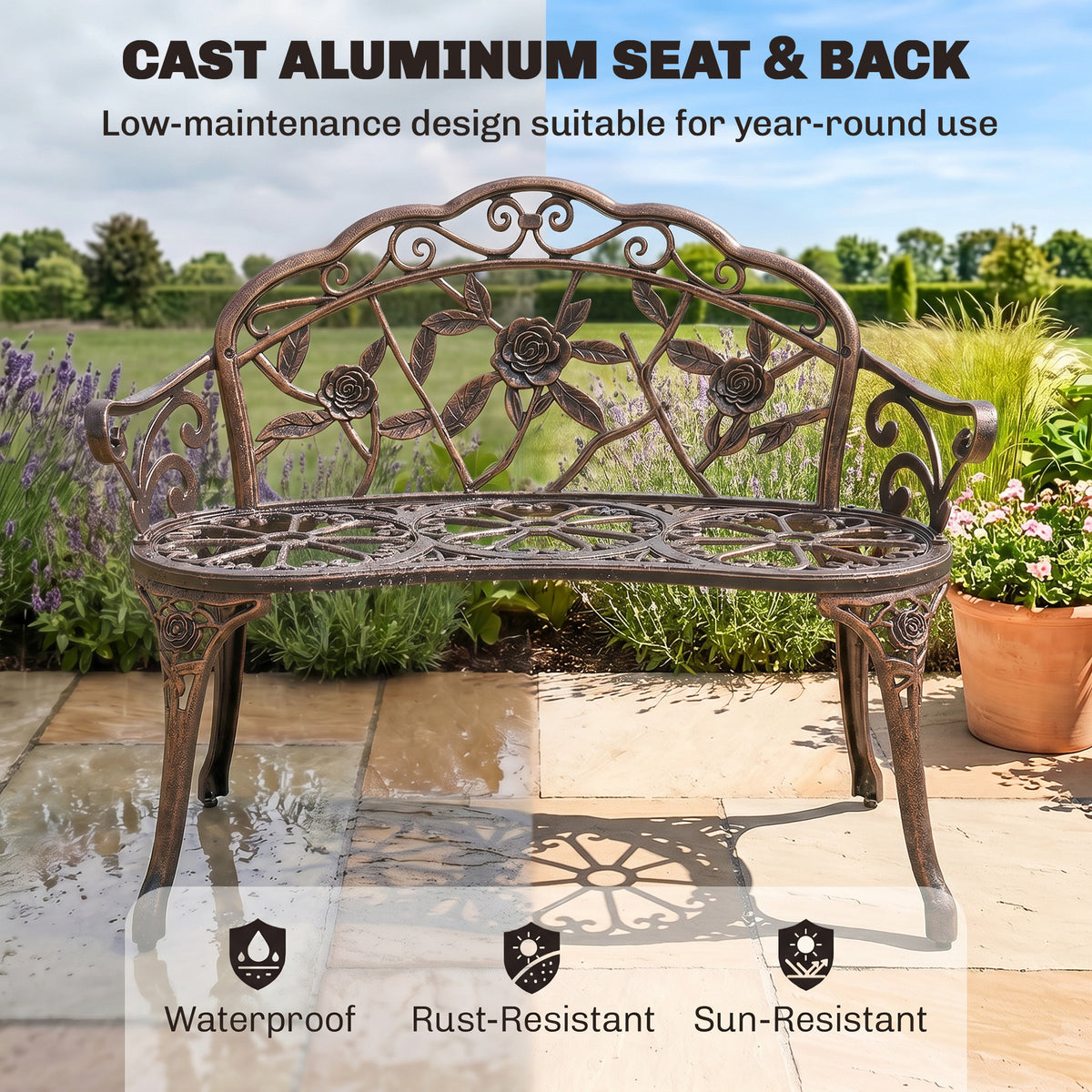 Outsunny Cast Aluminium Garden Bench - Bronze Tone