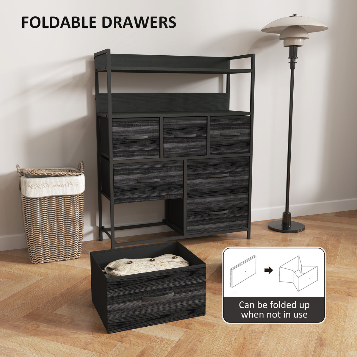 HOMCOM Rustic Chest of Seven Fabric Drawers - Black