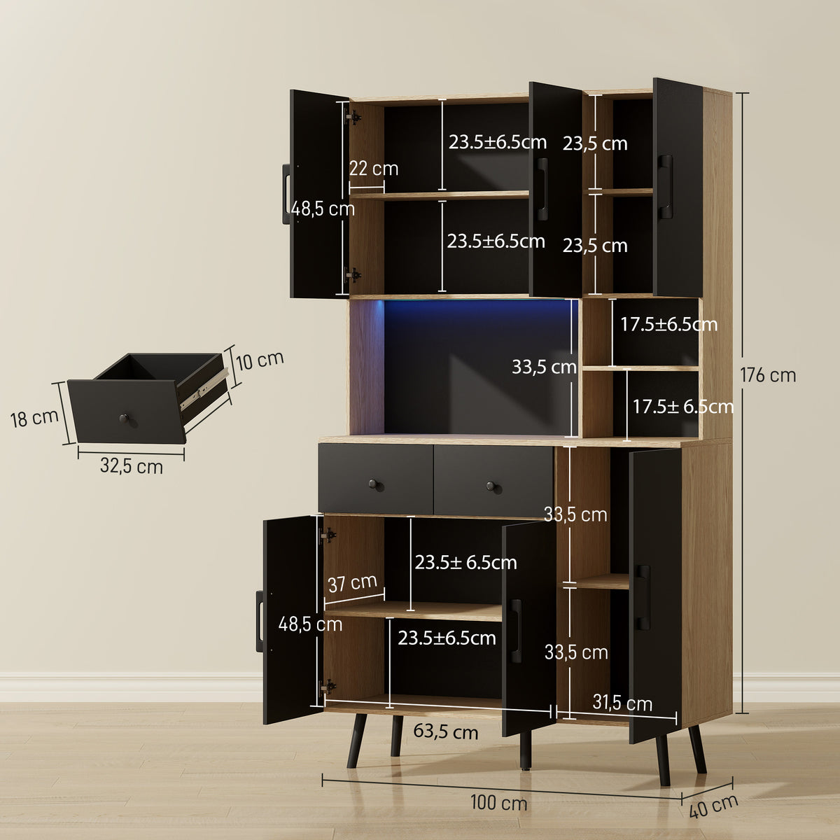 HOMCOM 176 cm Kitchen Cupboard with LED Lights - Oak and Black