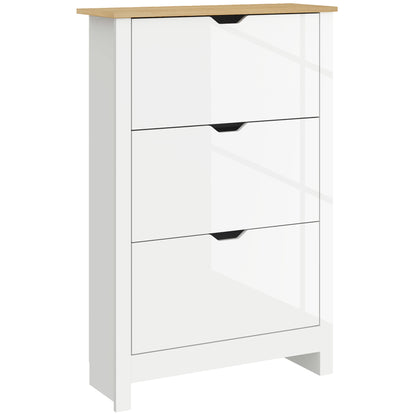 HOMCOM Slim Shoe Cabinet, Narrow Shoe Cupboard with 3 Flip Drawers, Adjustable Shelves for 18 Pairs of Shoes, High Gloss White
