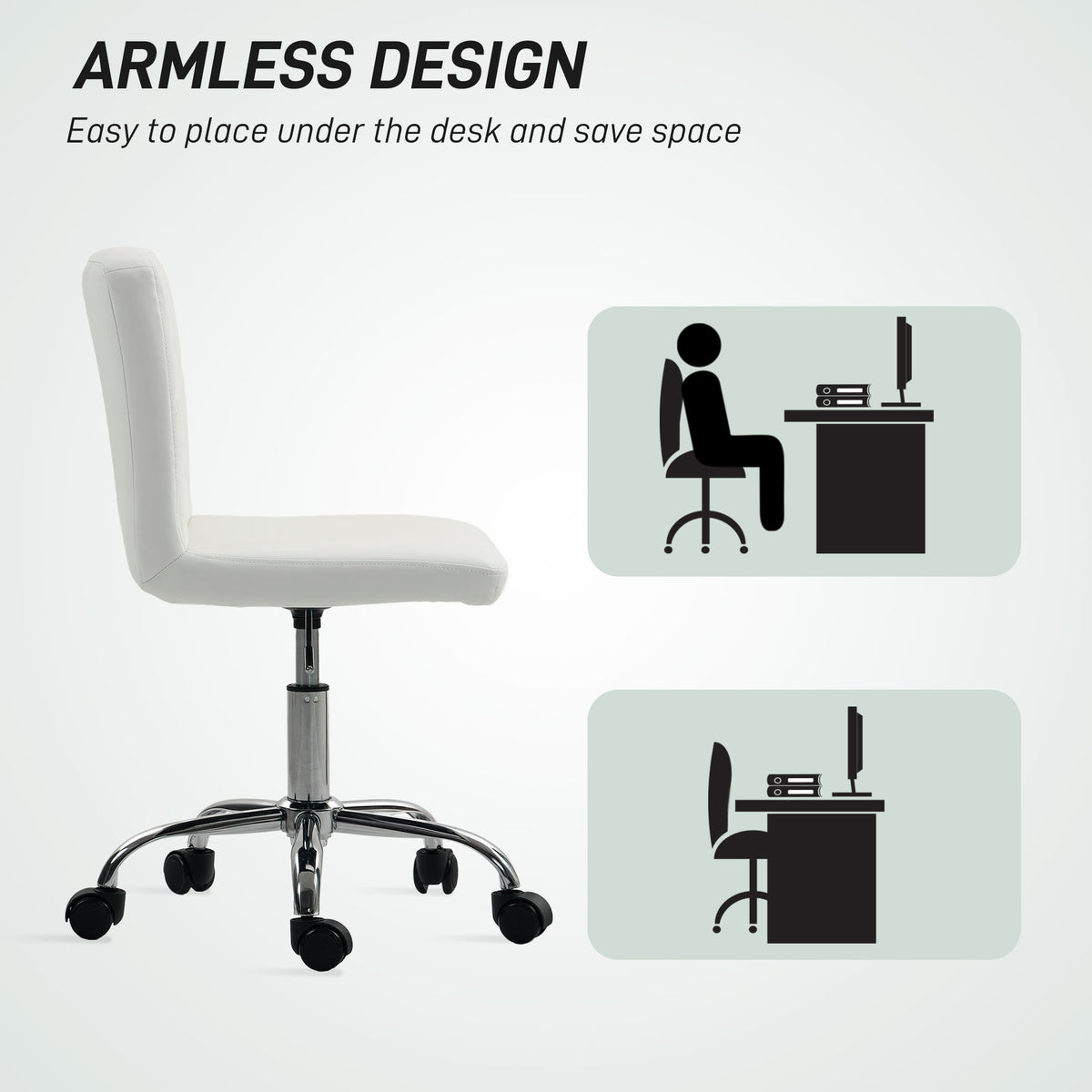 HOMCOM PU Leather Armless Office Chair, Modern Vanity Computer Swivel Chair with Rolling Wheels and Adjustable Height for Home Study, Bedroom, White