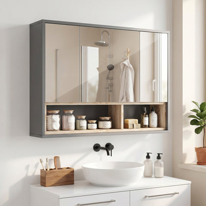 HOMCOM Bathroom Mirror Cabinet, Wall Mounted Bathroom Cabinet with Mirror, 3 Doors and Cupboards, Grey