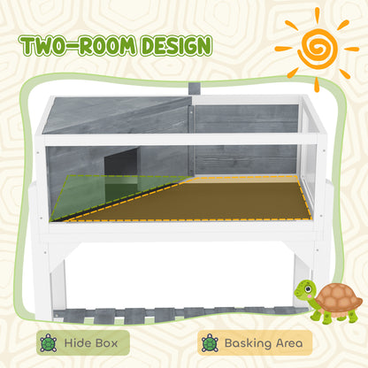 PawHut Wooden Tortoise House with Storage Shelf, Clear Observation Windows, Lamp Holder, Openable Top, Built-in Tray, Grey