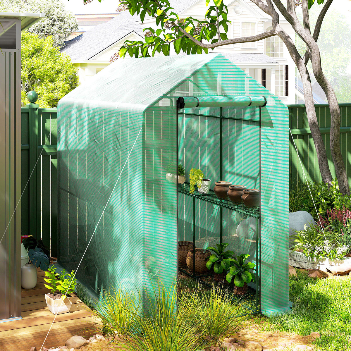 Outsunny 120 x 186cm Walk-In Greenhouse, with Shelves - Green