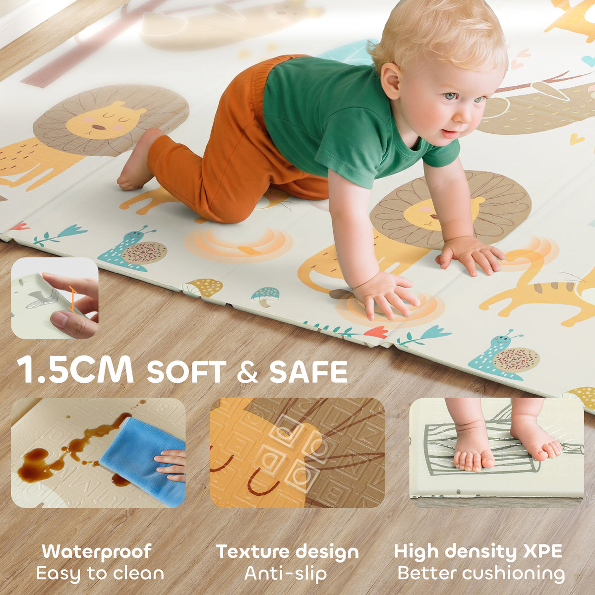 AIYAPLAY Baby Play Mat, Double Sideded Foldable Kids Crawling Mat, Reversible & Waterproof, Animal