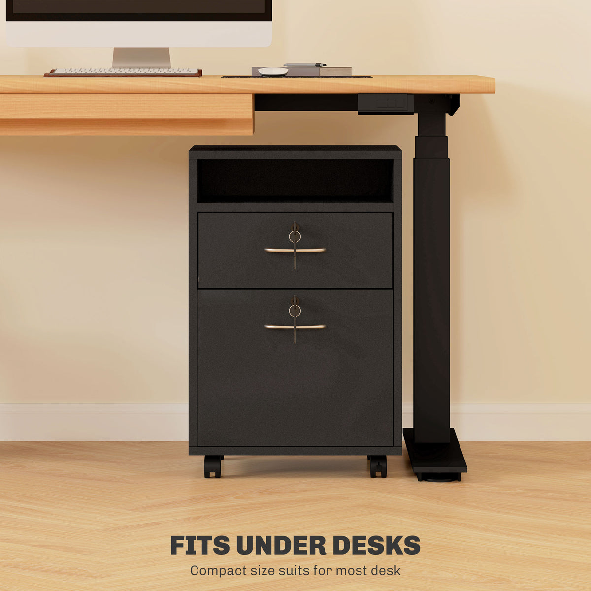 HOMCOM Filing Cabinet, Mobile File Cabinet with 2 Lockable Drawers, Office Home Organiser on Wheels for A4, Letter-Size File Folders, Mobile Printer with Open Shelf, Black