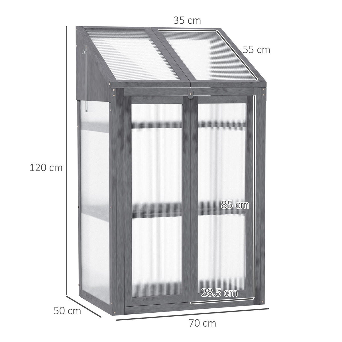 Outsunny Wooden Cold Frame Polycarbonate Greenhouse with Openable Top Cover and Double Door, Grow House for Flower, Vegetable and Plants, 70 x 50 x 120cm, Grey