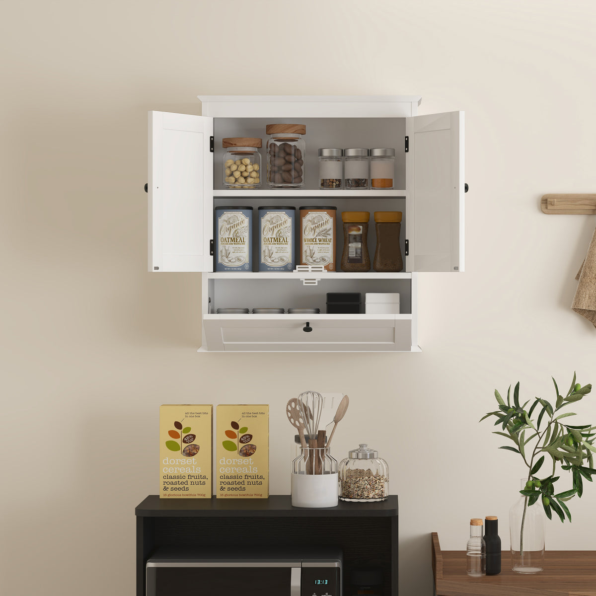 HOMCOM Bathroom Wall Cabinet with Adjustable Shelf and Recessed Doors, White