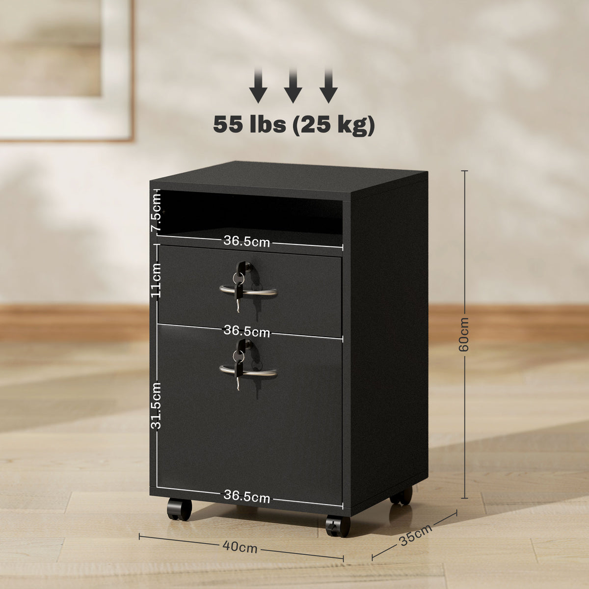 HOMCOM Filing Cabinet, Mobile File Cabinet with 2 Lockable Drawers, Office Home Organiser on Wheels for A4, Letter-Size File Folders, Mobile Printer with Open Shelf, Black