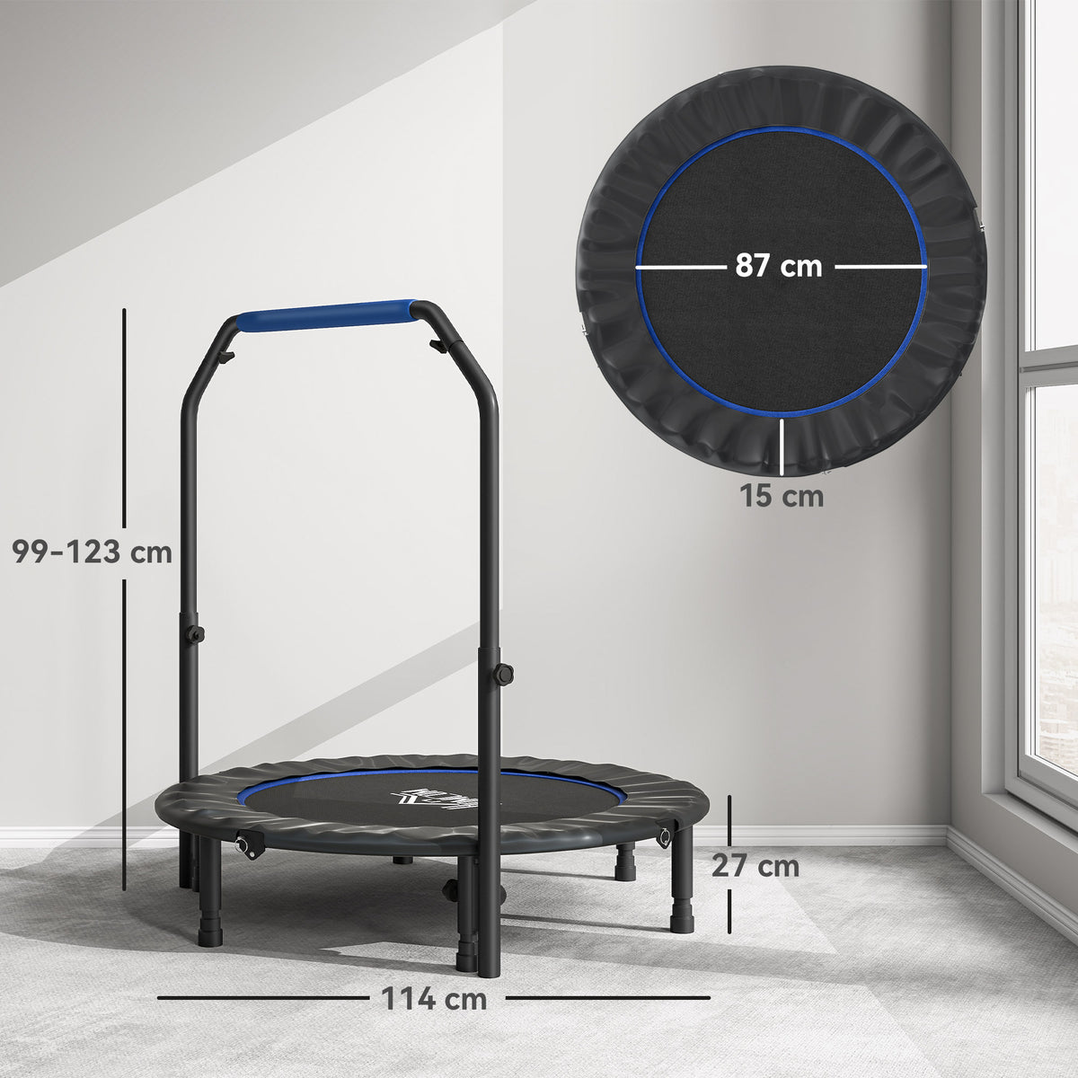 HOMCOM 45" Foldable Mini Fitness Trampoline, with Adjustable Foam Handle, Blue