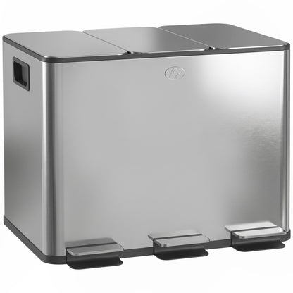 HOMCOM 3 x 20L Pedal Bin, Steel Triple Kitchen Bin with Soft Close Lid, Removable Inner Buckets, Fingerprint-Proof, Silver Tone