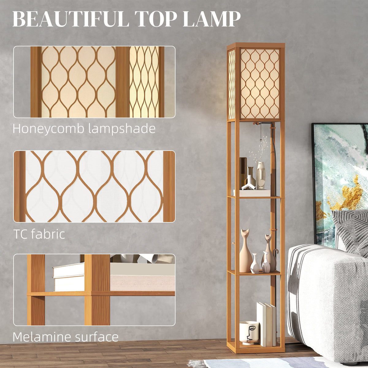 HOMCOM Three-Shelf Standing Lamp - Natural