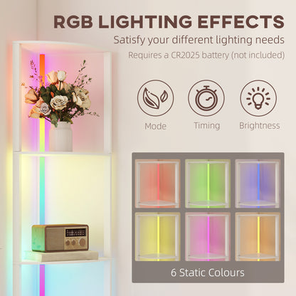 HOMCOM RGB LED Floor Lamp with Shelves, 4-Tier Dimmable Standing Lamp with Adjustable Brightness and Remote Control, Modern Corner Display Shelf Unit for Living Room Bedroom Office, White