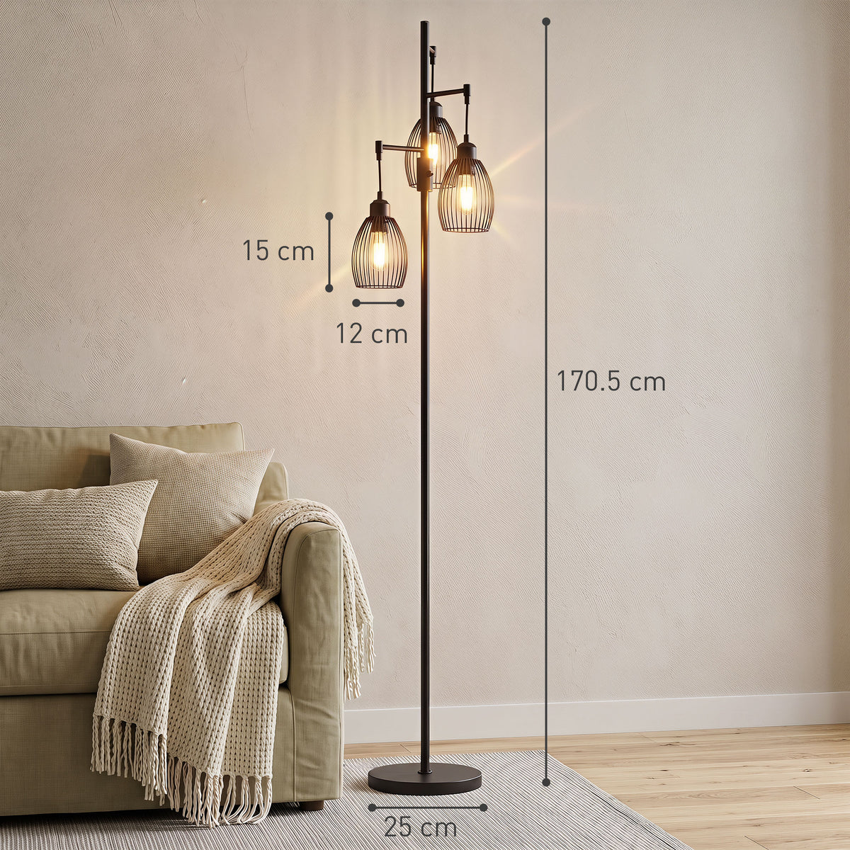 HOMCOM 3-Light Floor Lamp, 170cm Industrial Dimmable Standing Lamp with Steel Wire Cage Lampshades for Living Room, Bedroom, Dining Room, Study, Bulb Not Included, Black