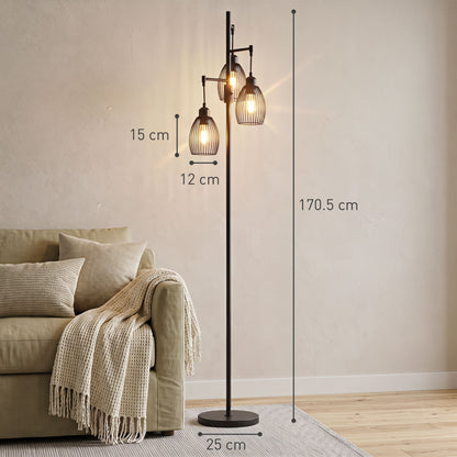 HOMCOM 3-Light Floor Lamp, 170cm Industrial Dimmable Standing Lamp with Steel Wire Cage Lampshades for Living Room, Bedroom, Dining Room, Study, Bulb Not Included, Black