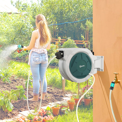 Outsunny Retractable Hose Reel Wall Mounted, 30+2m Garden Hose Pipe Reel with Lock, Auto Rewind, 7 in 1 Spray Nozzle, Includes Wall Fixings, 180° Swivel, Outdoor Watering, 59 x 23 x 42 cm, Grey