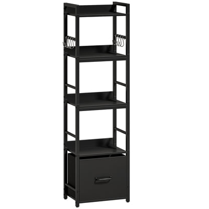 HOMCOM 4-Tier Bookshelf, Narrow Bookcase with Drawer, 8 Hooks, Metal Frame, Black