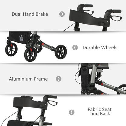 HOMCOM Rollator Walker with Seat, Compact Quick Folding Mobility Walker with 8" Wheels, Carry Bag, Adjustable Height, Cane Holder and Lightweight Aluminium Frame for Seniors and Disabled, Silver