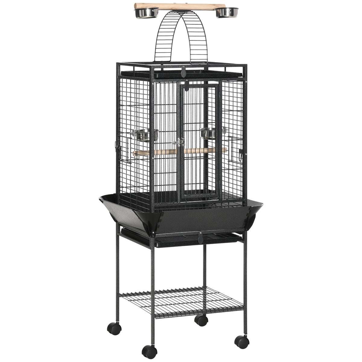 PawHut 156cm Bird Cage, Parrot Cage with Open Play Top, Perch, Seed Guard, Wheels, Storage Shelf, Dark Grey