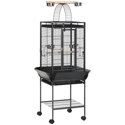 PawHut 156cm Bird Cage, Parrot Cage with Open Play Top, Perch, Seed Guard, Wheels, Storage Shelf, Dark Grey