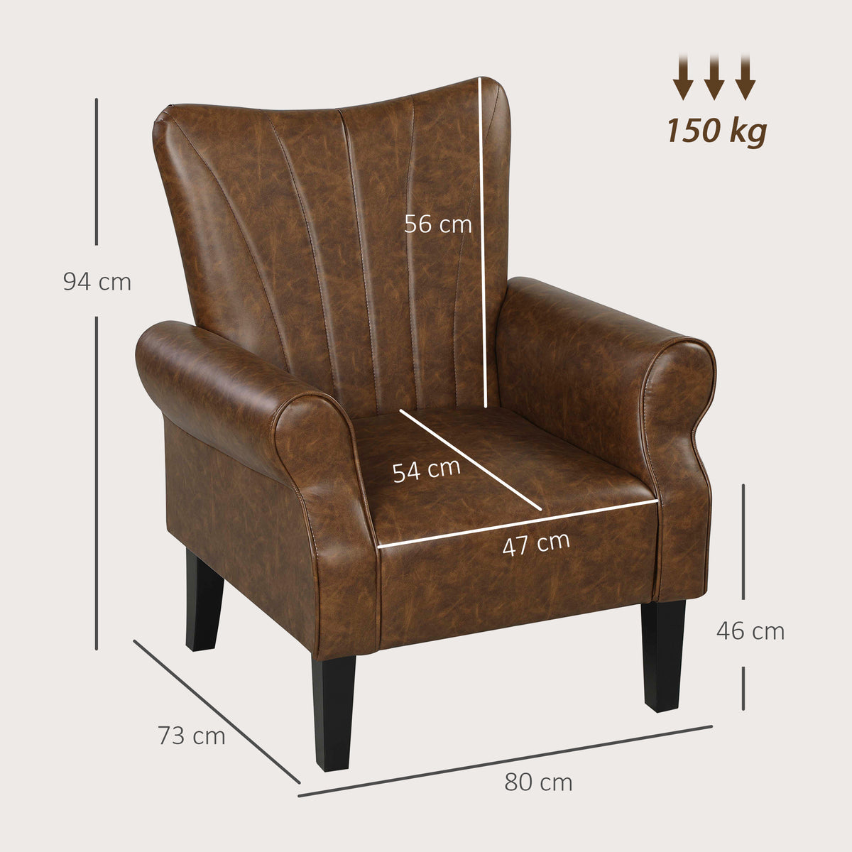HOMCOM Upholstered Accent Chair with Rolled Arms and Wood Legs, Armchair for Living Room Bedroom, Brown