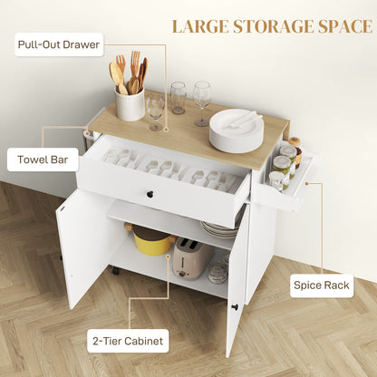 HOMCOM Kitchen Island with Drop Leaf, Rolling Kitchen Storage Trolley on Wheels with Drawer, Spice Rack and Towel Rack, White