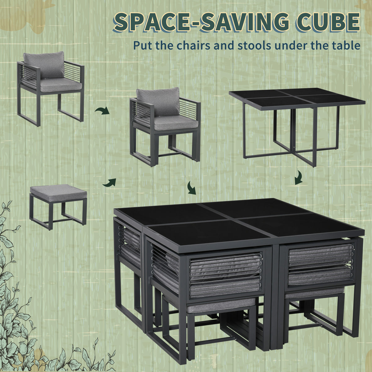 Outsunny Nine-Piece Aluminium Garden Set, with Glass-Top Table - Grey