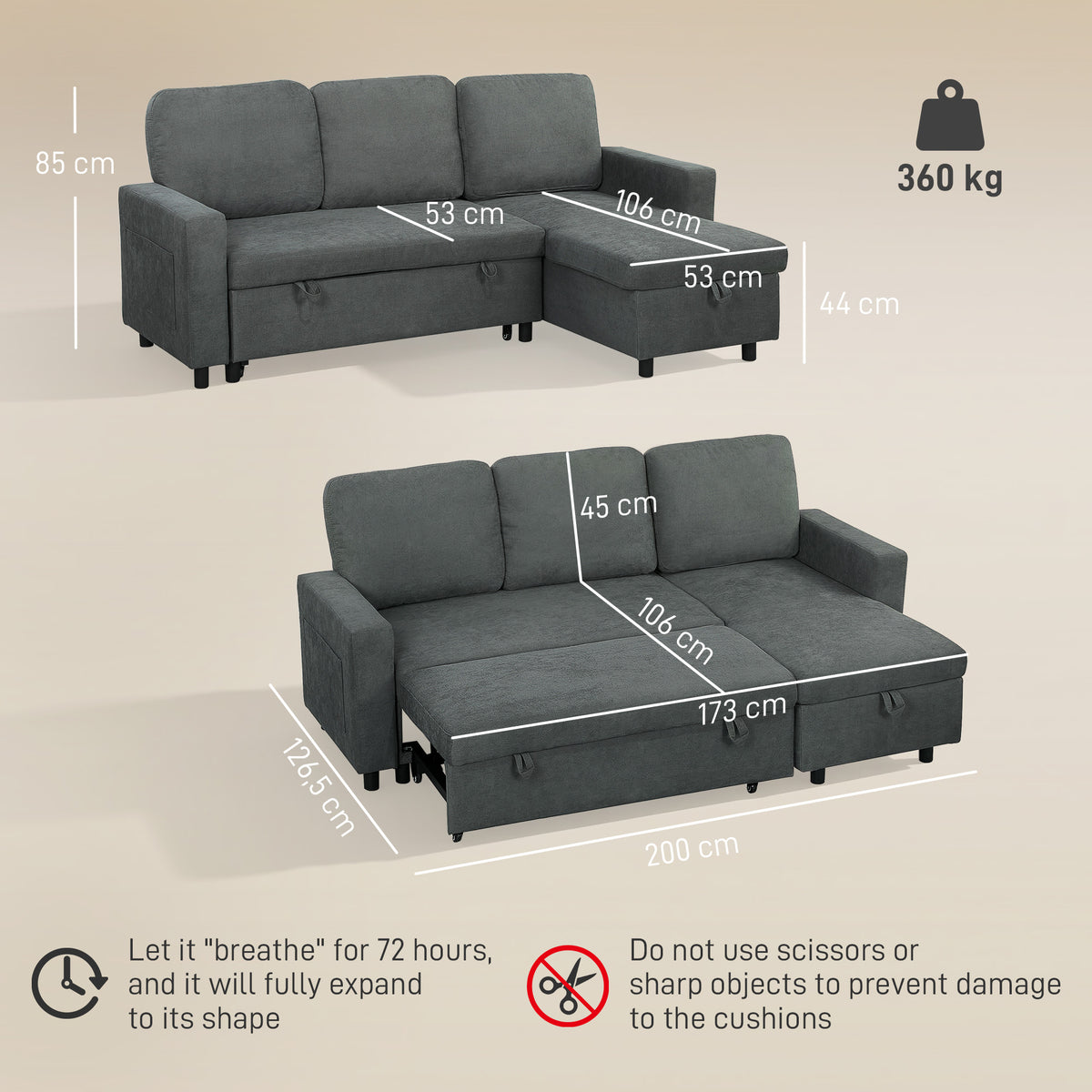 HOMCOM Pull Out Sofa Bed with 113 x 49cm storage space - Charcoal Grey
