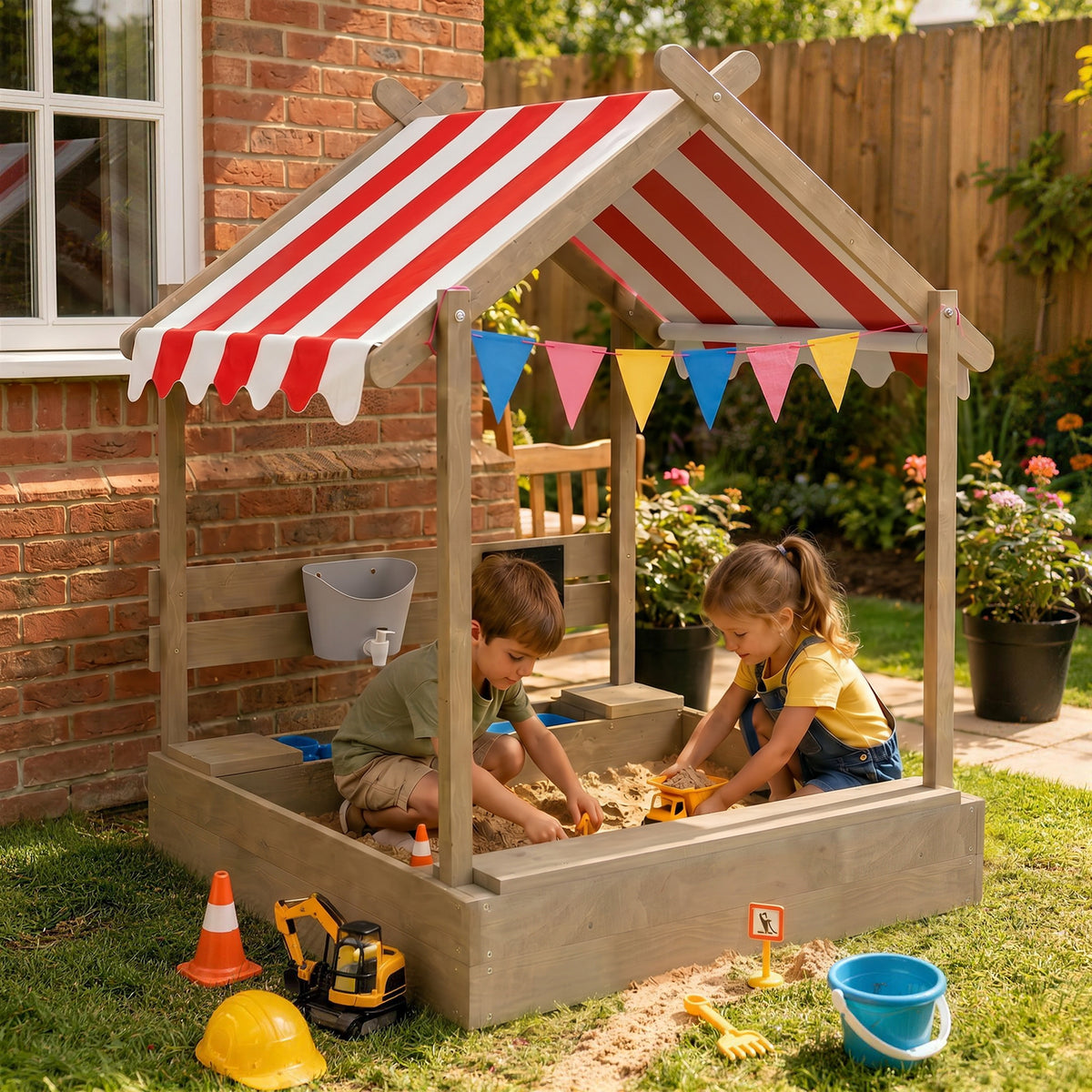 Outsunny House-Designed Wooden Sandbox, Outdoor Sandpit, with Blackboard, Toys, Sink, Seats, Flags, for Ages 3-7 Years - Grey