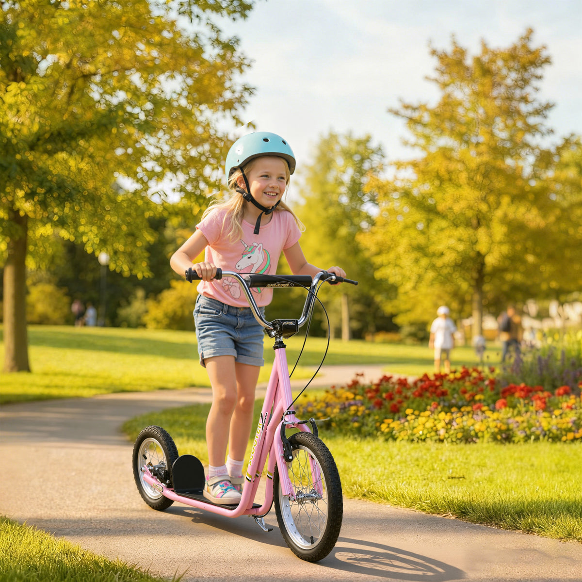 HOMCOM Kids Scooter, Teen Kick Scooter with Rubber Wheels, 16" Front Wheel, Height Adjustable Handlebar, Dual Brakes, Kick Stand, for 5+ Years, Pink
