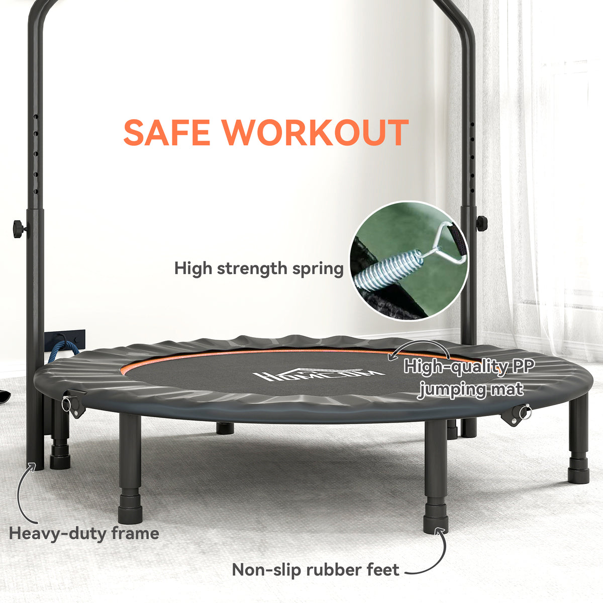 HOMCOM 48" Foldable Mini Fitness Trampoline, with Adjustable Foam Handle, Orange