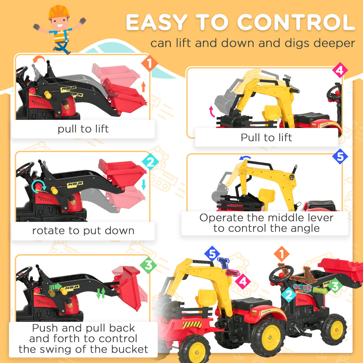 HOMCOM Ride On Tractor for Kids, 3 in 1 Ride On Excavator Toy Car with Adjustable Bucket, Digger and Removable Trailer, Pretend Play Construction Truck for 3-6 Years