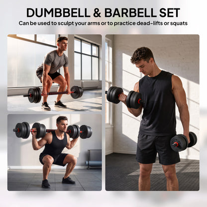 HOMCOM 20kg 2 IN 1 Adjustable Dumbbells Weight Set, Dumbbell Hand Weight Barbell for Body Fitness, Lifting Training for Home, Office, Gym, Black