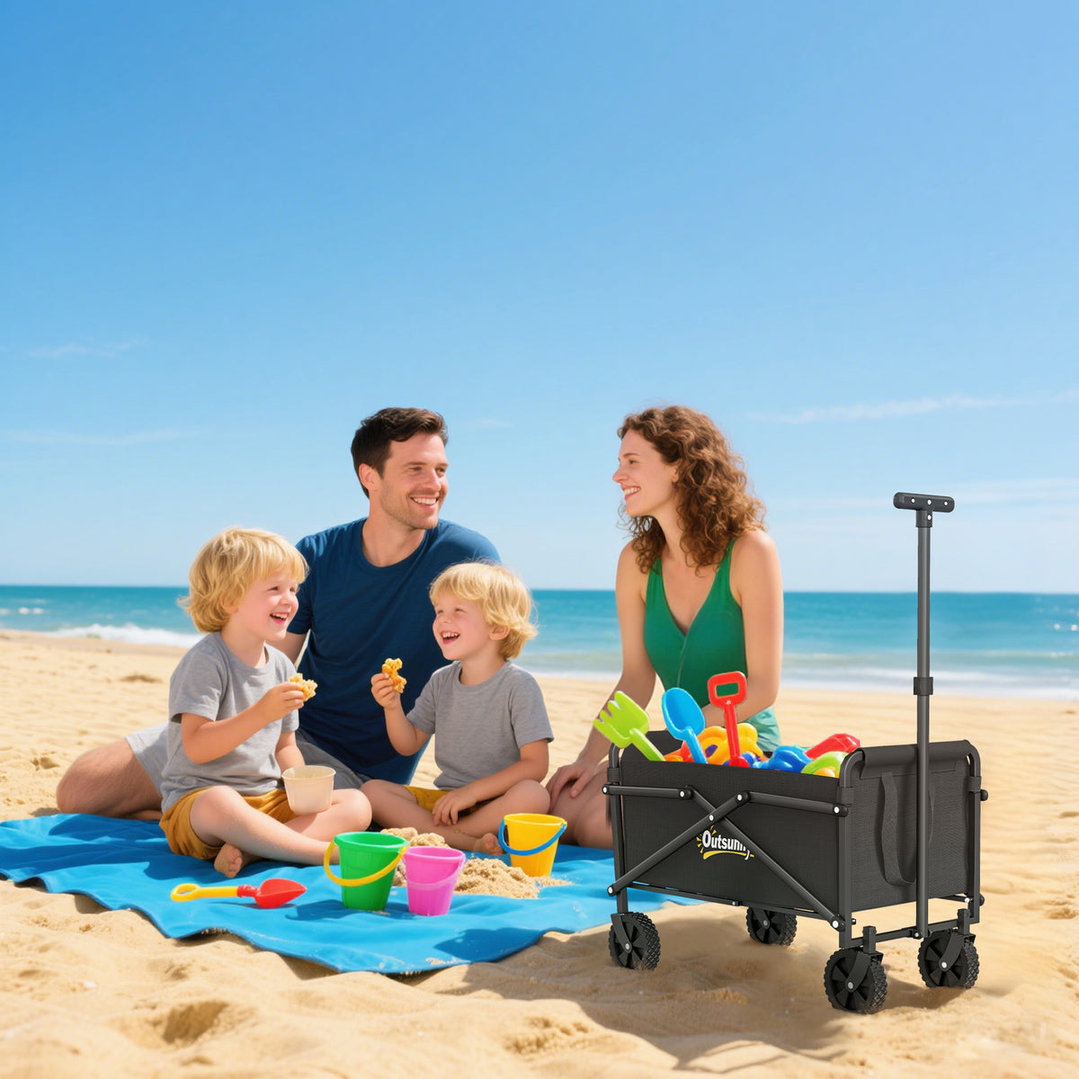 Outsunny 62L Festival Trolley on Wheels, Portable Small Folding Trolley Cart, 60kg Heavy Duty Collapsible Foldable Wagon with Adjustable Handle and Carrying Bag for Beach, Camping, Garden, Black
