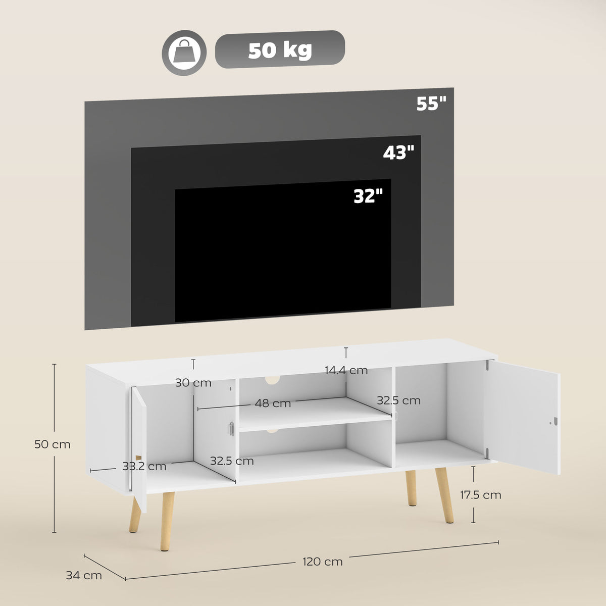 HOMCOM TV Stand Cabinet up to 55 Inches, TV Unit with Storage Shelves and Wood Legs for Living Room, Bedroom, White