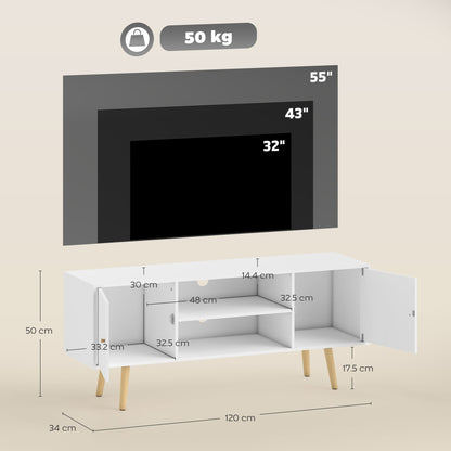 HOMCOM TV Stand Cabinet up to 55 Inches, TV Unit with Storage Shelves and Wood Legs for Living Room, Bedroom, White