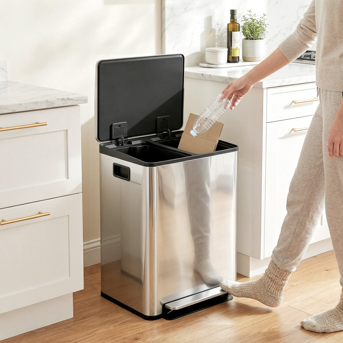 HOMCOM 60L Dual Compartment Stainless Steel Bin, with Deodoriser Holders - Silver Tone