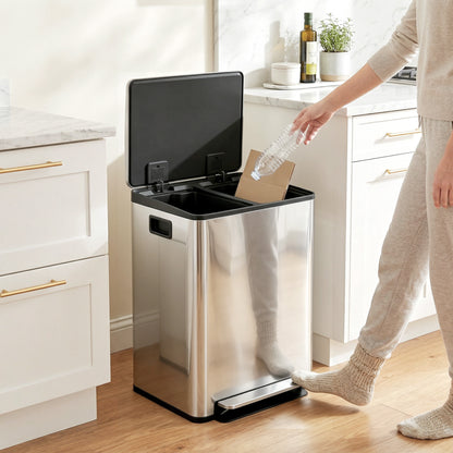 HOMCOM 60L Dual Compartment Stainless Steel Bin, with Deodoriser Holders - Silver Tone