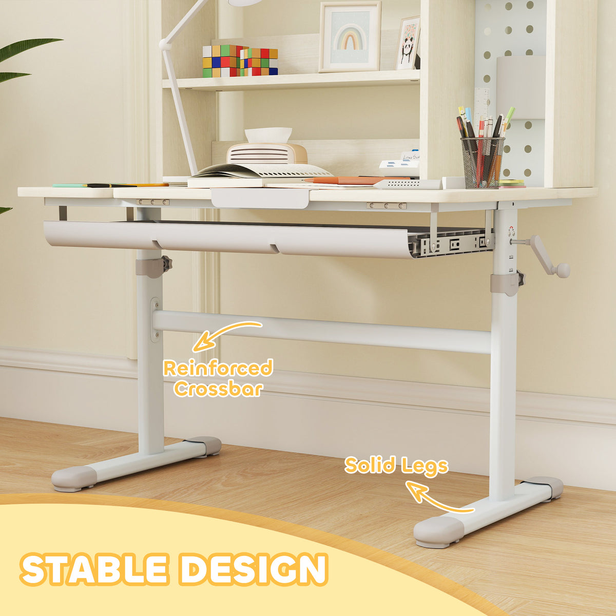 AIYAPLAY Kids Desk Height Adjustable with Tilt-Desktop, Hutch, Drawer, Storage Shelf, Pegboard, for 3-12 Years Old, Natural