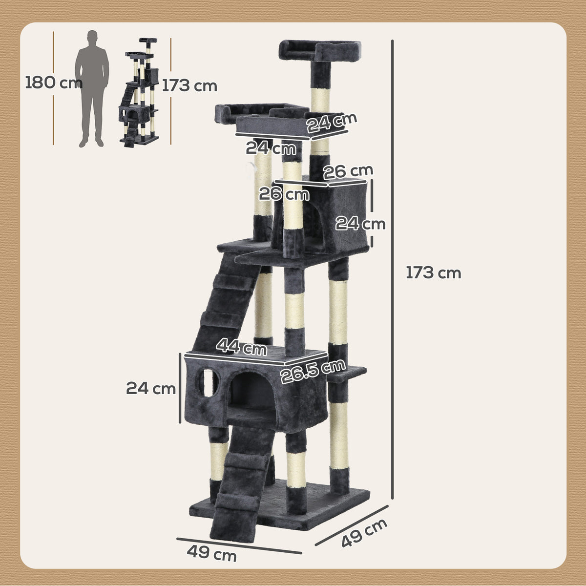 PawHut 173cm Cat Tree Scratching House, Activity Play Centre, Charcoal Grey