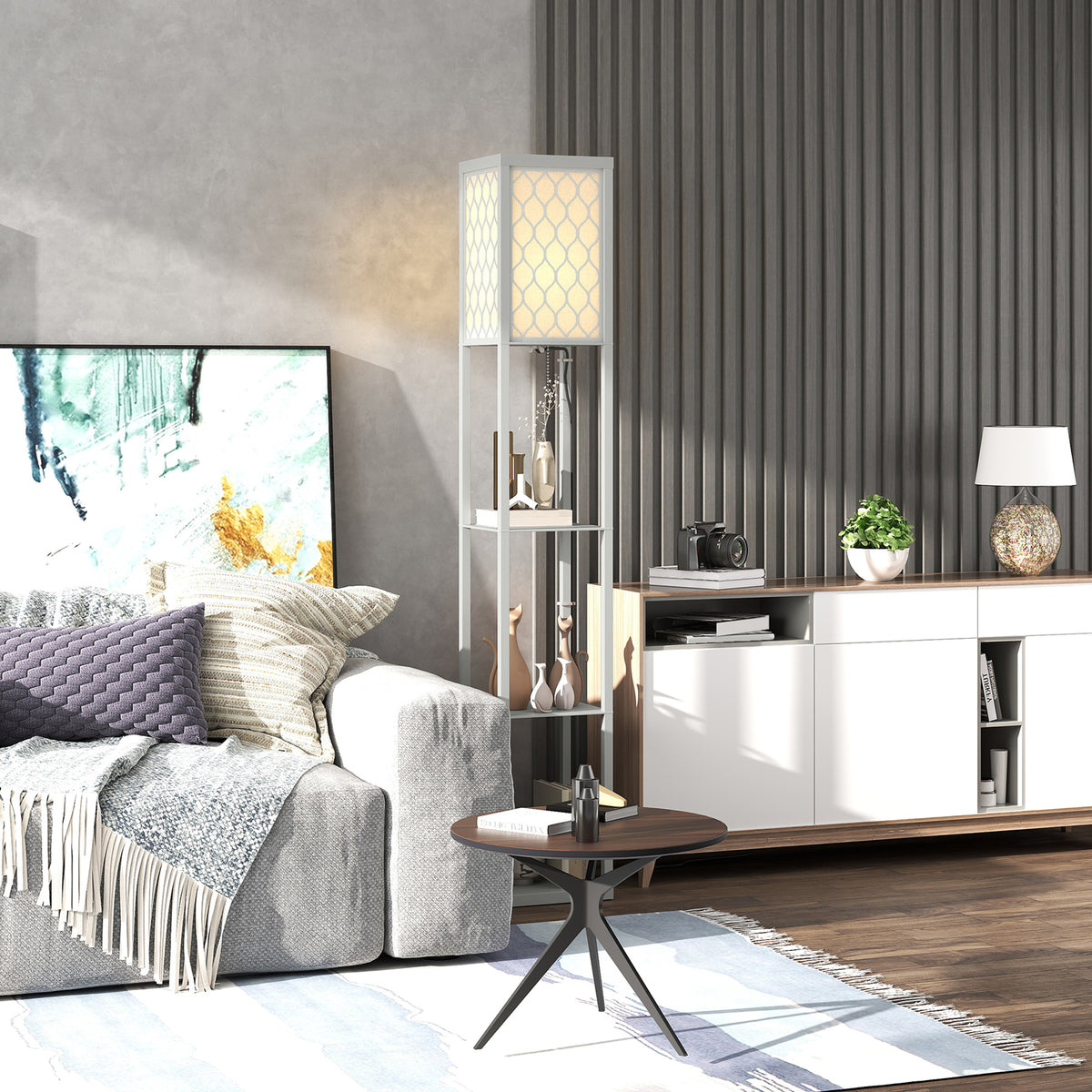 HOMCOM Three-Shelf Standing Lamp - Grey/White