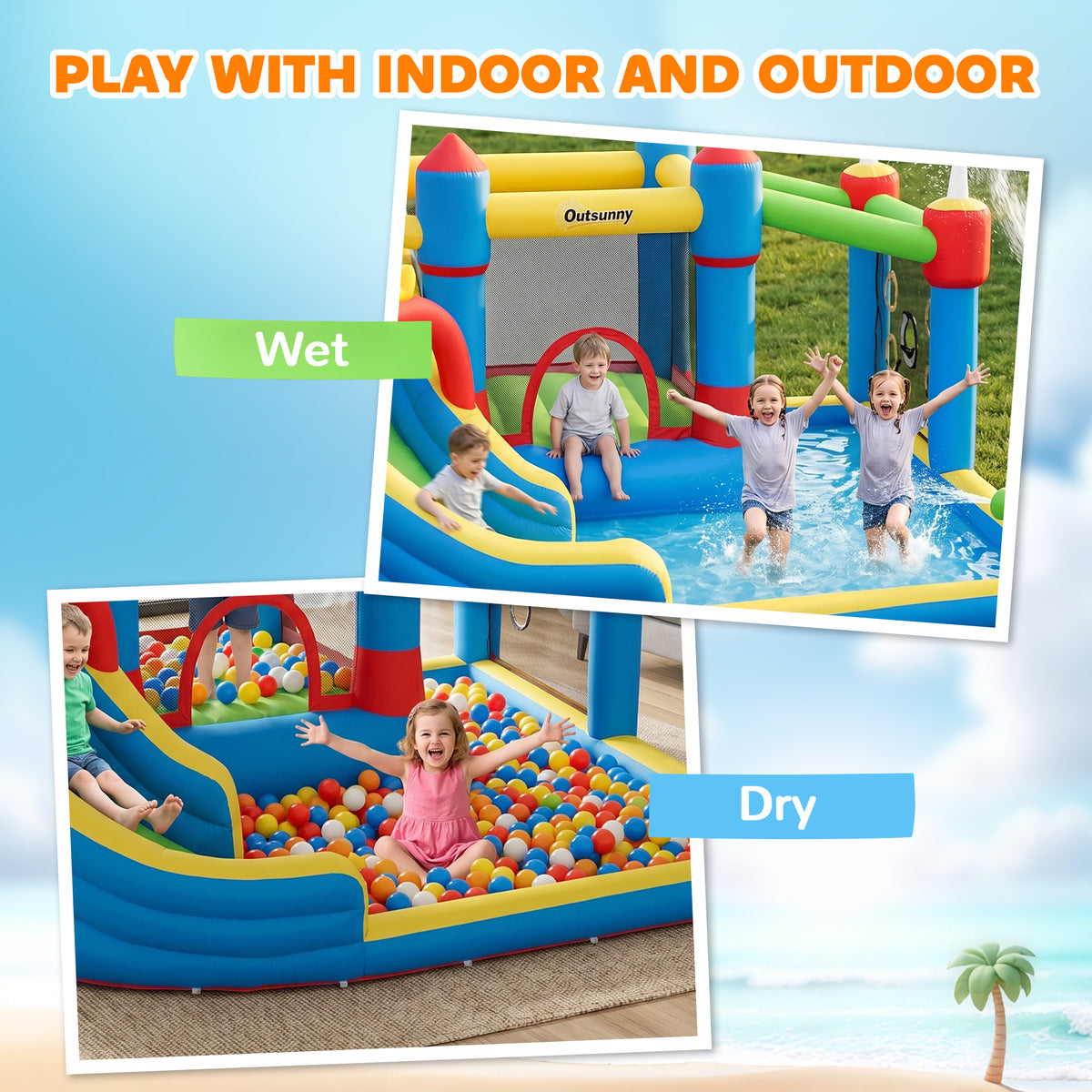 Outsunny 6 in 1 Kids Bouncy Castle, with Water Slide, Water Gun, Climbing Wall, Air Blower for Indoors/Outdoors, 3.9 x 3 x 2m